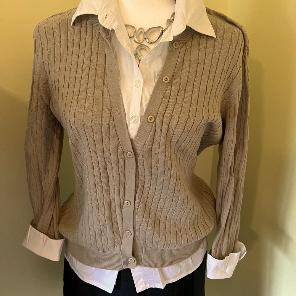 August Silk XL Cardigan Sweater & Oxford one piece Ivory Beige Preppy Coquette